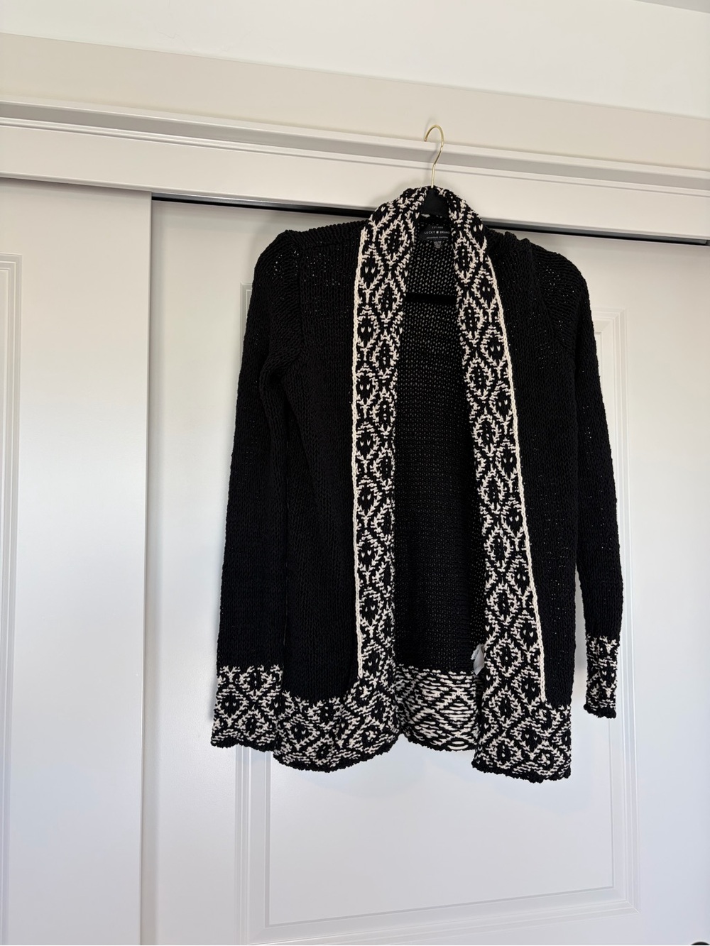 Lucky Brand Black Knit Open Cardigan with Cream Diamond Trim